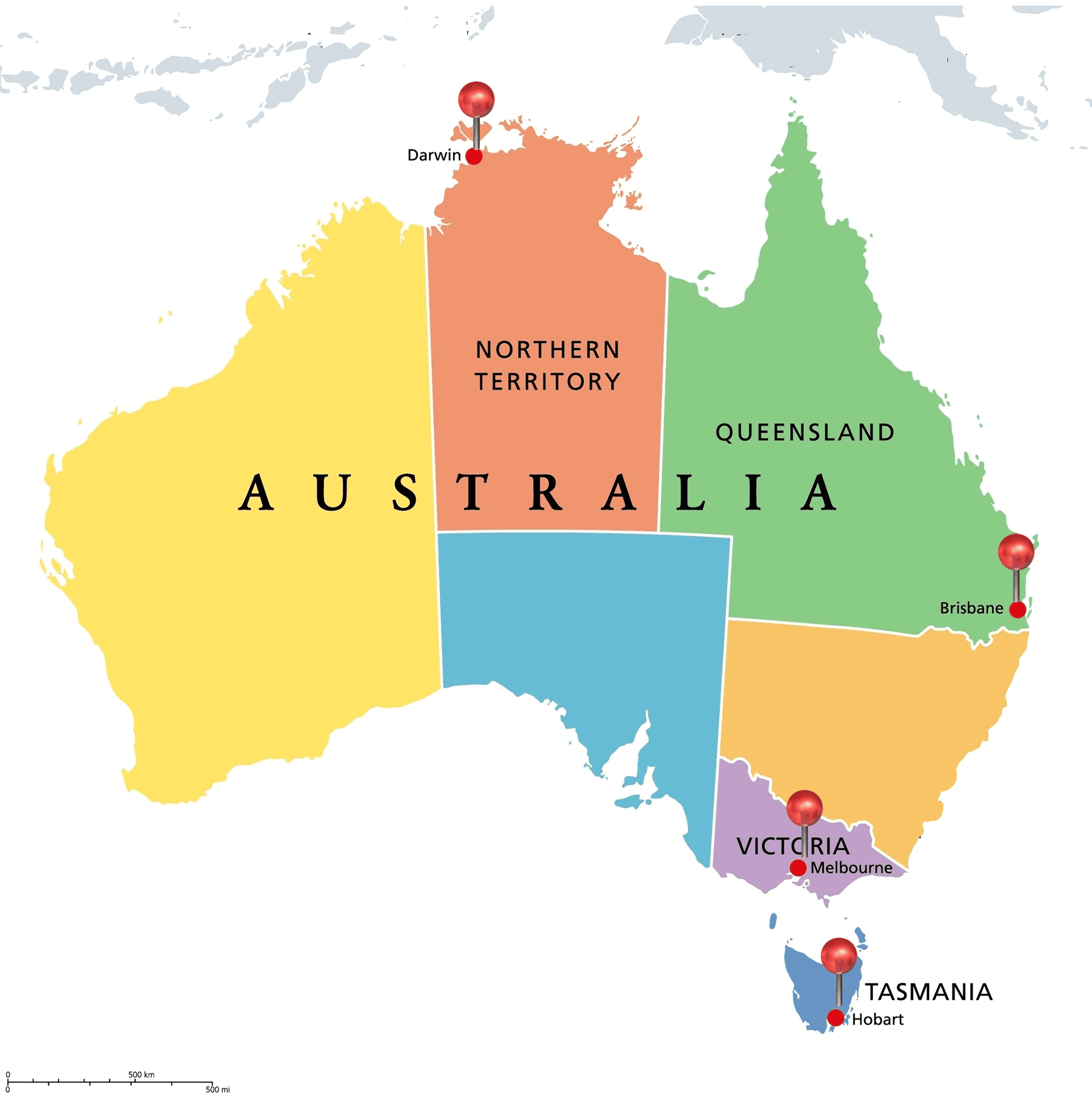 Australia map showing service areas: Northern Territory, Victoria, Tasmania, and Queensland